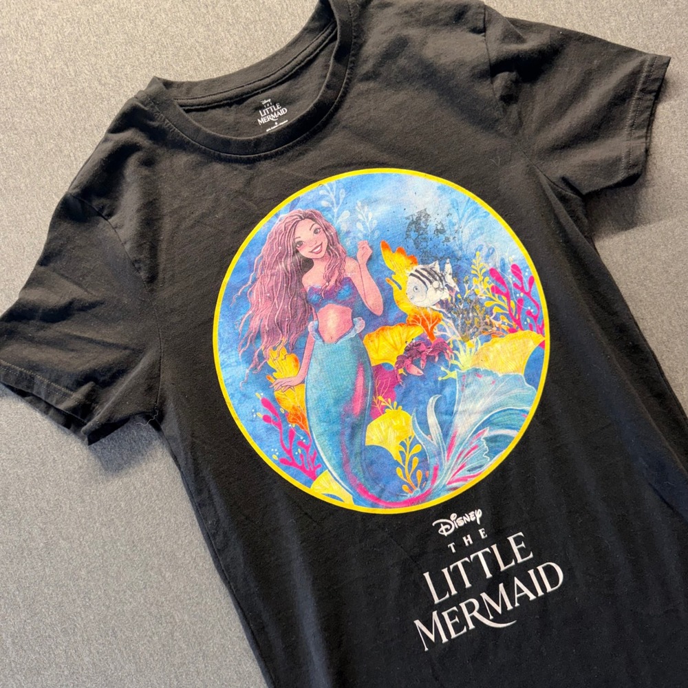 Disney The Little Mermaid Ariel Flounder Graphic Tee Black Small Shirt